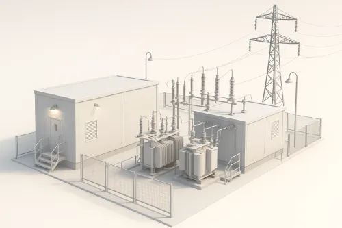 View of an electric substation with transformers and poles