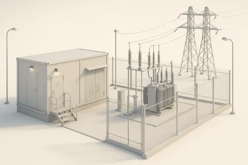 Model of an electric substation with transformers and towers