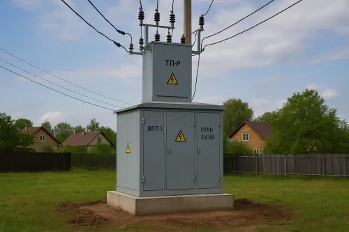 Subestación eléctrica con transformador frente a casas y árboles