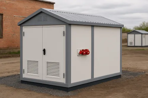 Caseta modular con equipos eléctricos, ubicada en un sitio de construcción