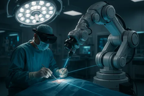Surgeon in a mask using VR to control a robot in the operating room