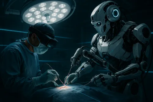 Surgeon performing surgery together with a robotic assistant in the operating room