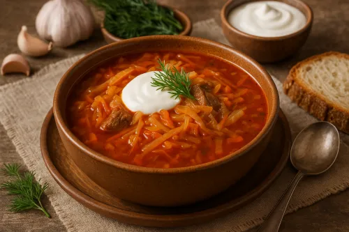 Борщ с капустой и мясом, украшенный сметаной и зеленью