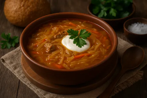 Крупный план борща с мясом, капустой и сметаной, украшенный зеленью