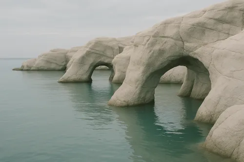 Арки из камня, выступающие из воды, на фоне серого неба