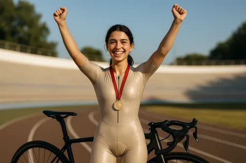 Deportista con un traje ceñido y medalla de oro frente al velódromo
