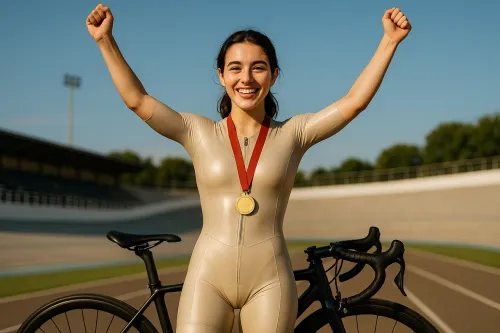 Joven atleta en ropa deportiva con una medalla al cuello en la pista de ciclismo