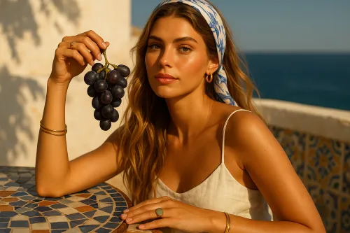 La mujer sostiene uvas frente al mar y la luz solar.