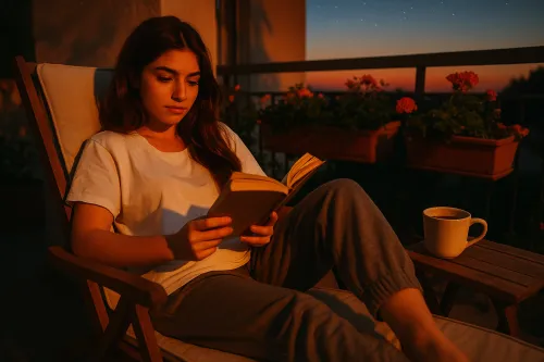 A girl reading a book on the balcony, enjoying the sunset and warmth