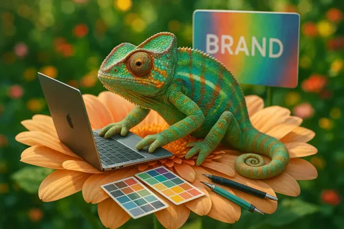 Chameleon on a flower using a laptop for design and color selection