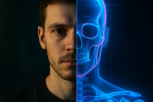 Imagen que muestra la cara de una persona y su esqueleto anatómico.