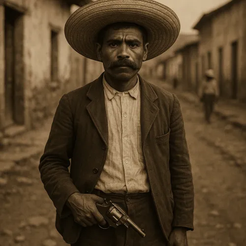 Retrato de un hombre con sombrero y revólver en una calle urbana