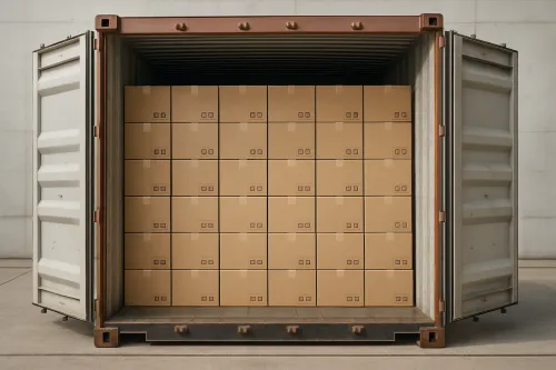 Contenedor abierto, lleno de cajas bien organizadas