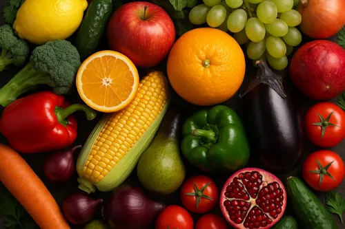 Ассорти из овощей и фруктов: помидоры, огурцы, цитрусовые и другие продукты.