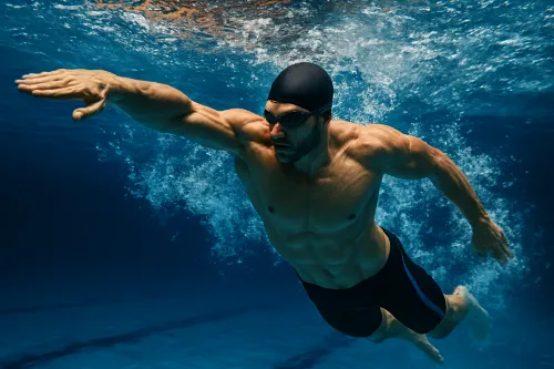 A man in a black swimming cap and goggles swimming underwater