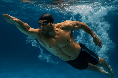 Un hombre deportista nada bajo el agua, creando burbujas