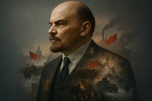 Ленин с серьезным выражением лица на фоне исторических сцен.