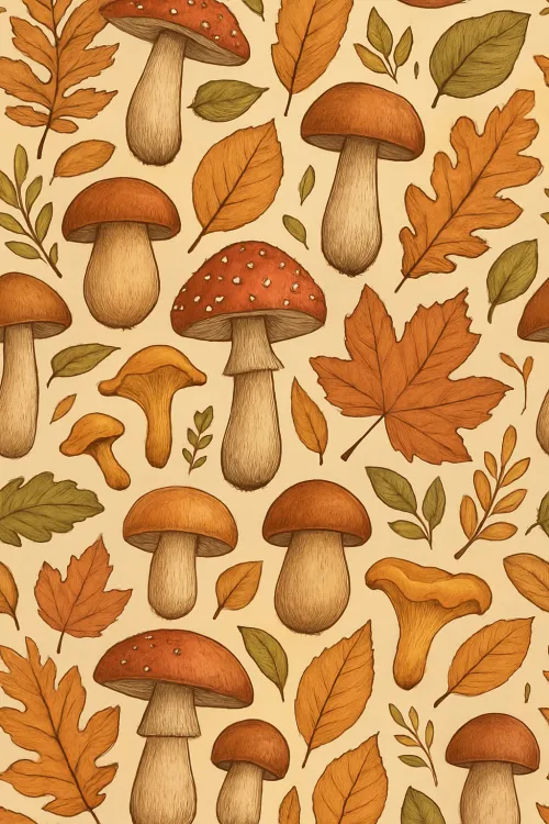 Gentle background with autumn mushrooms and colorful leaves