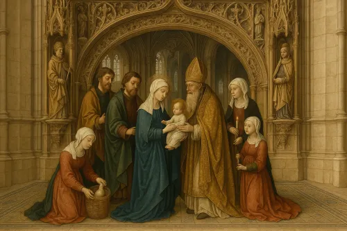 Imagen donde la Virgen María entrega al niño Jesús a un hombre santo en la catedral.