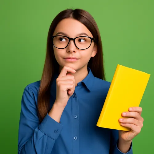 Young girl in glasses holding a yellow book, deep in thought