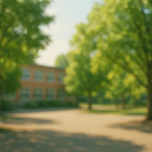 Blurred image of a sunny day in a green park with trees and a building