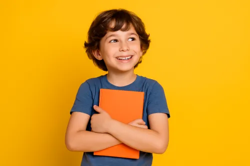 El niño sostiene un libro naranja sobre un fondo de pared amarilla brillante