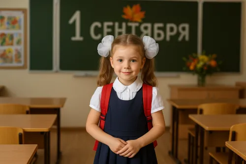 Школьница с двумя бантиками на голове отмечает 1 сентября