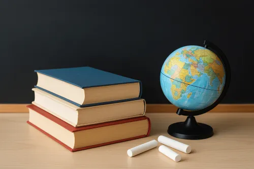 Книги, глобус и мелки на деревянном столе с черной доской