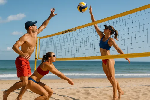 Two women and a man playing beach volleyball by the sea under the sunny sky