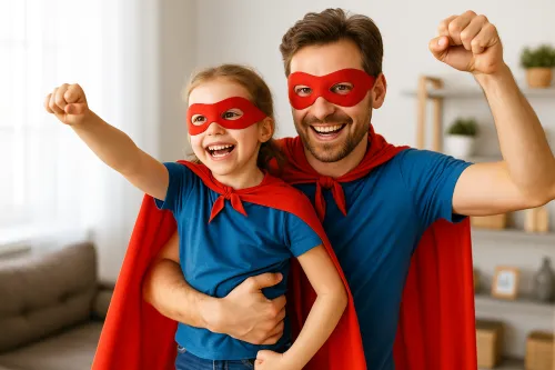 Father and daughter in superhero costumes posing with smiles