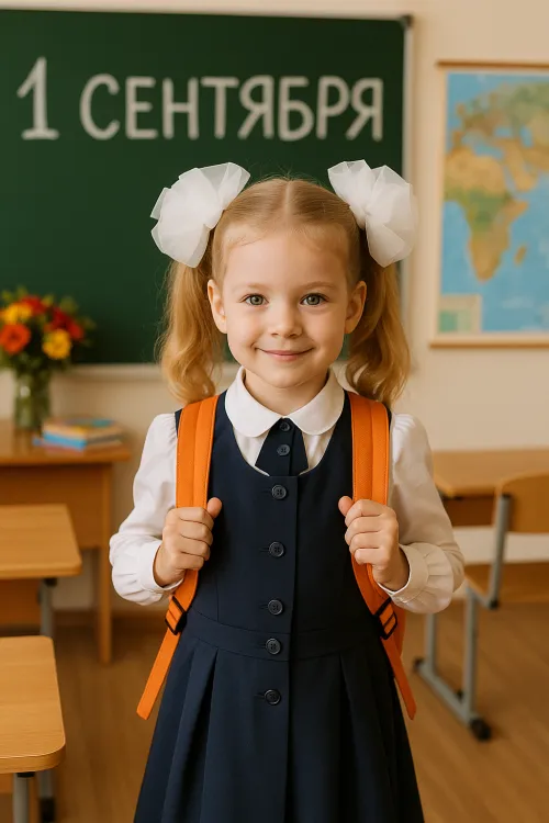 Cute girl with a backpack and a friendly smile in a classroom