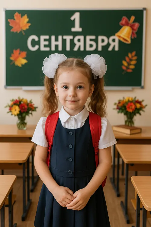 Little girl in school uniform at the September 1 holiday