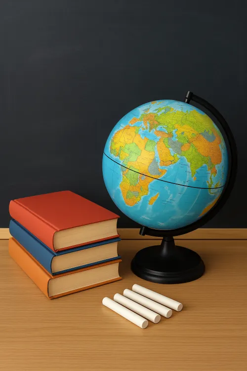 Globe, books, and chalk for writing on the blackboard