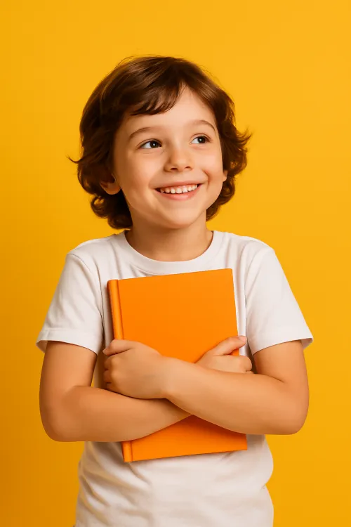 Happy boy hugs an orange book against a bright yellow background