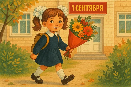 Милый школьный день: девочка с цветами на фоне школы