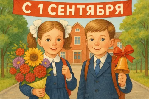 Мальчик с колокольчиком и девочка с цветами перед школой