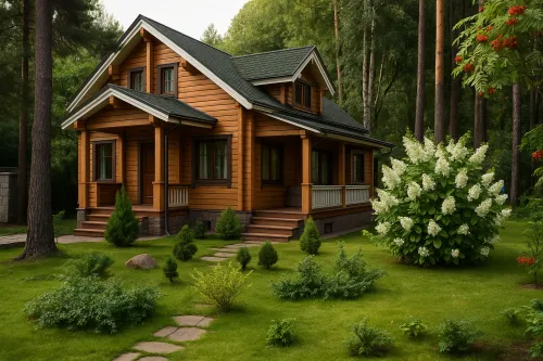 Деревянный дом с балконом среди деревьев и цветущих кустарников