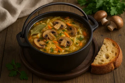 A pot of soup made from mushrooms, cabbage, and vegetables