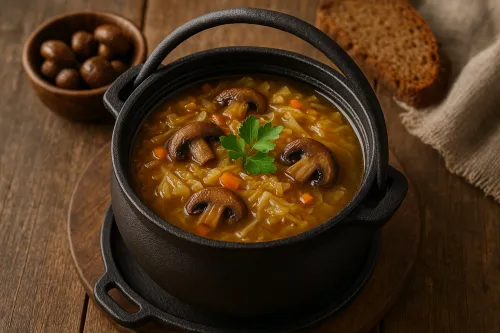 Delicious vegetable soup with mushrooms and herbs in a black pot