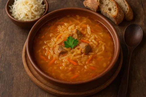 A visually appealing soup with cabbage and pieces of meat, served with bread