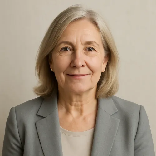 Businesswoman in a Suit with Short Hair against a Neutral Background