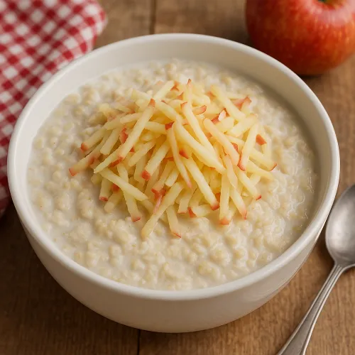 Bowl of porridge garnished with fresh apples and a red checkered napkin