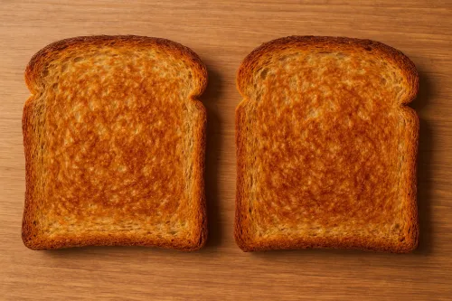 Dos rebanadas de pan tostado sobre un fondo de madera