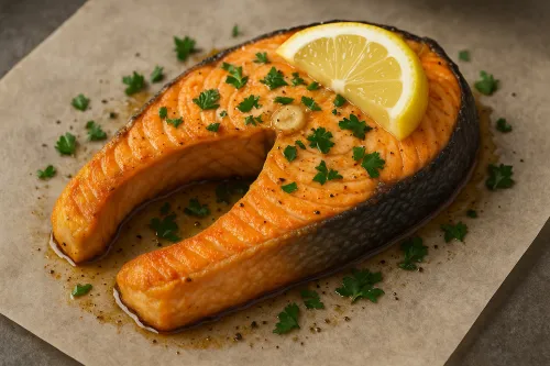 Piece of salmon on a white plate with lemon and greens