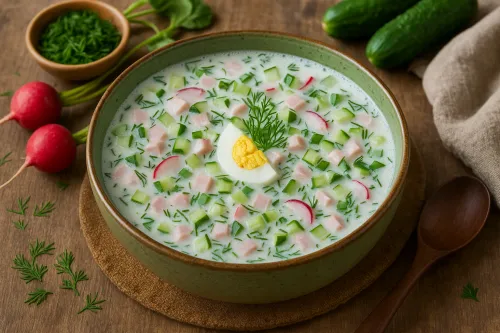 Unusual okroshka with radish, cucumber, and egg in kefir