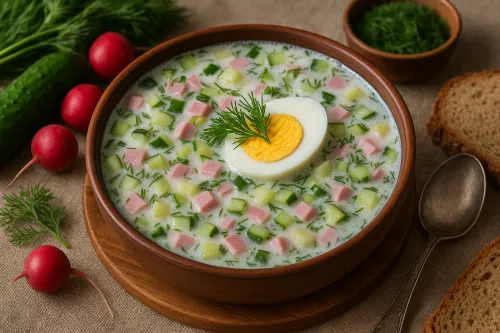 Sopa fría okroshka con huevo, hierbas y verduras sobre la mesa