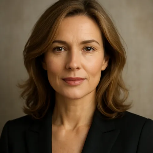 Mujer con cabello oscuro y ondulado en un abrigo negro