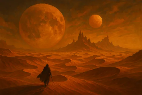 Paisaje con dos lunas, un desierto oscuro y montañas a lo lejos