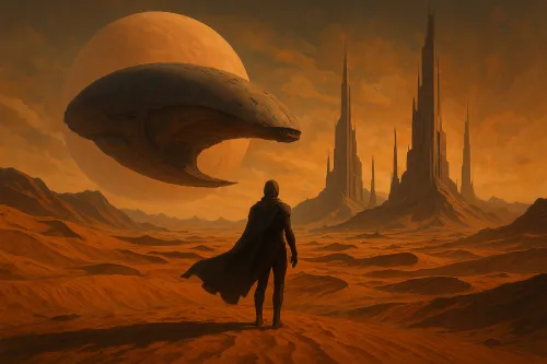 Deep space landscape with an automated ship and towering sculptural structures