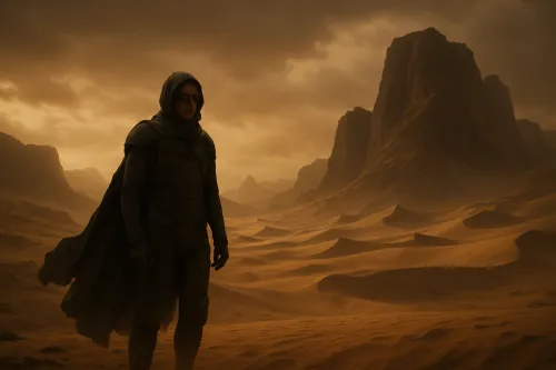 A person in armor against a desert landscape with mountains